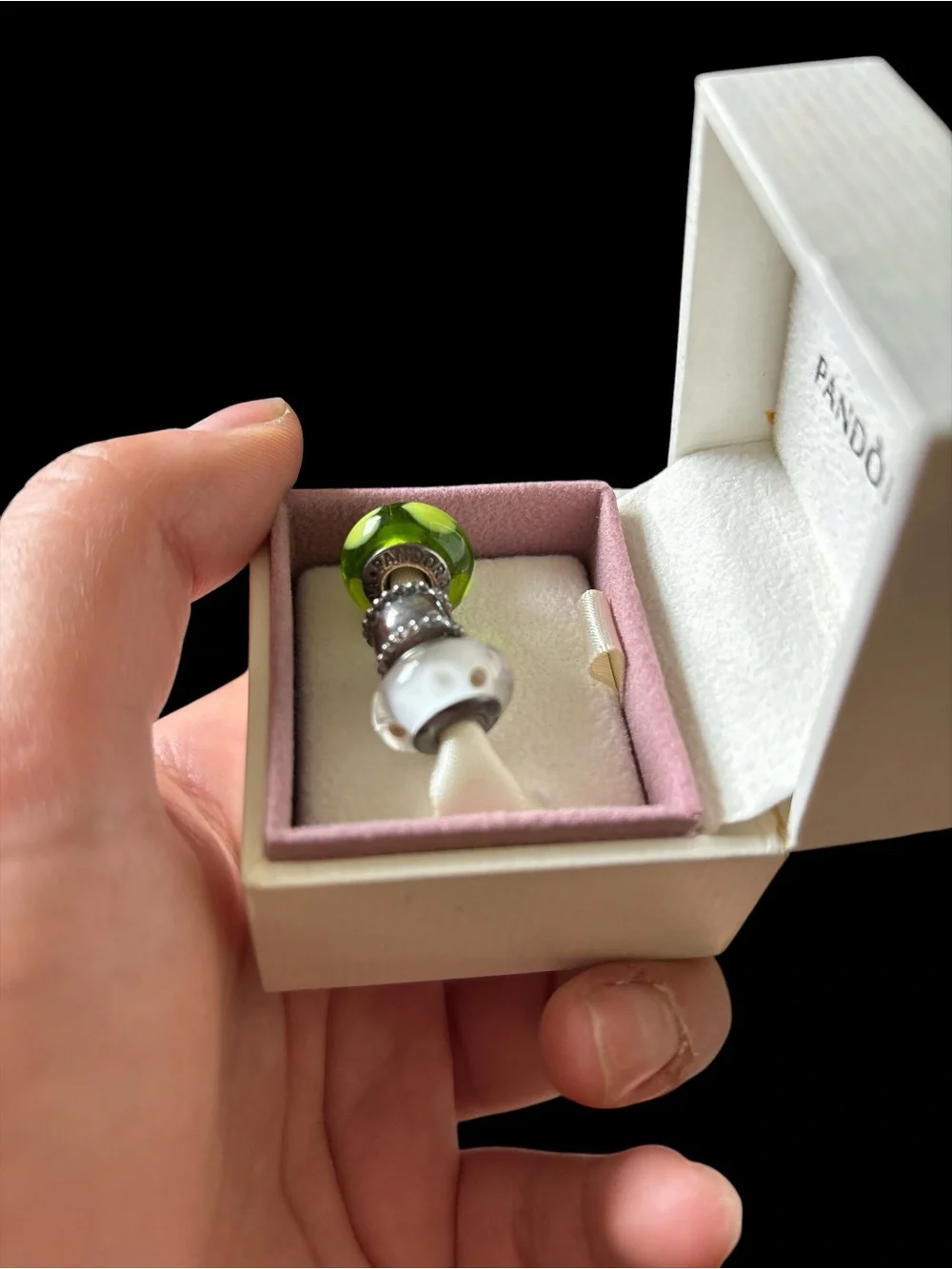 Pandora Green and White Glass Charm Trio